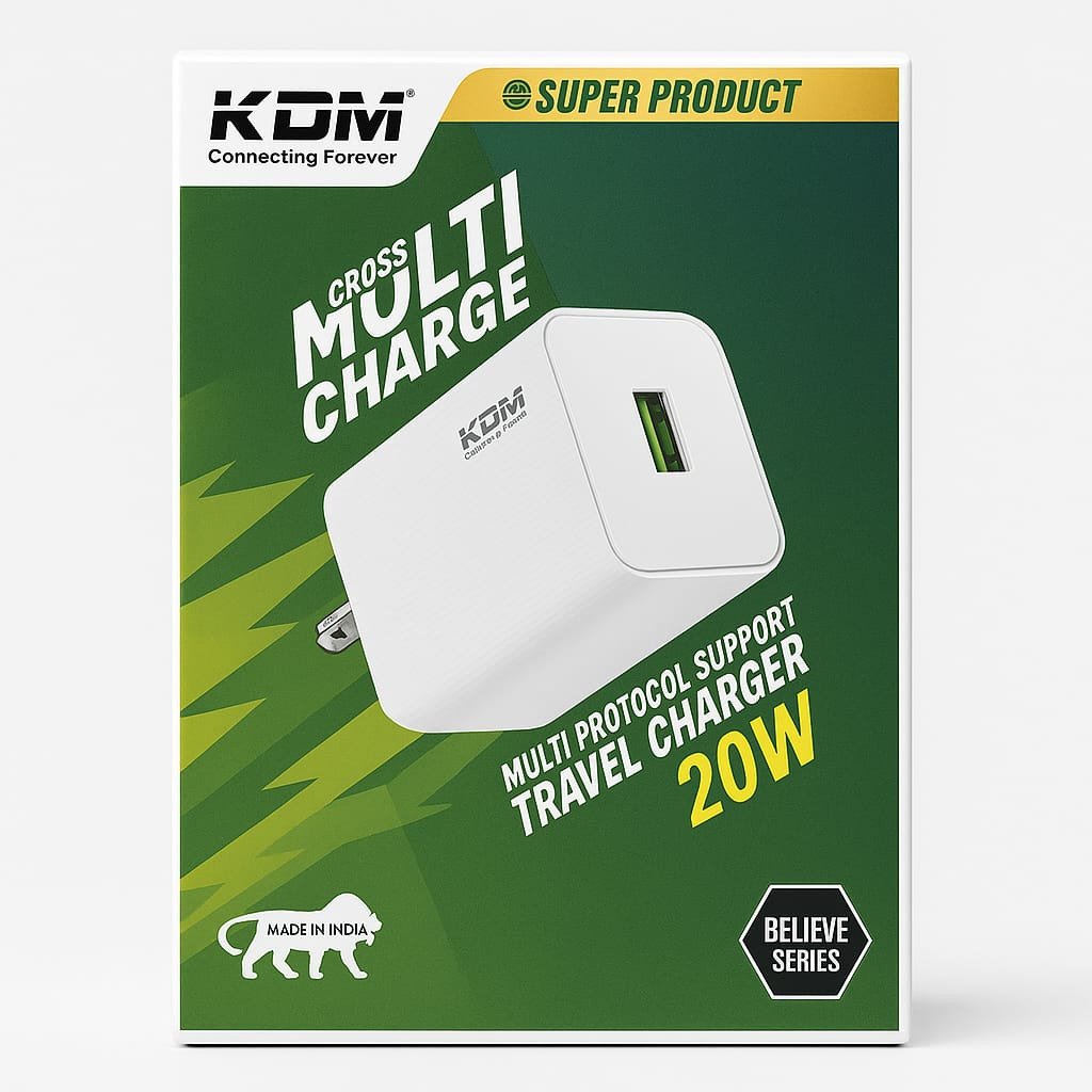 KDM 20W Multi-Charge Travel Charger | Type-C Fast Charging Adapter | Universal Compatibility | Compact & Durable Design